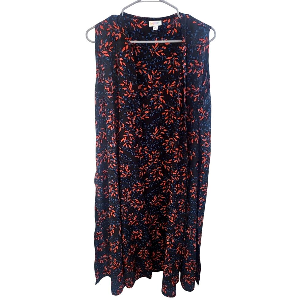 LuLaRoe Black with Red and Blue Leaves Joy Vest - Large